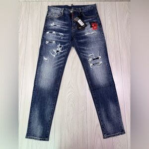 DSQUARED2 Blue Distressed Men's Jeans with Black&Red D2 Patch